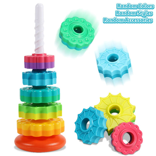 Montessori Rotating Rainbow Tower Baby Stacking Puzzle Toys Safety and Environmental Protection Colored Children'S Toys